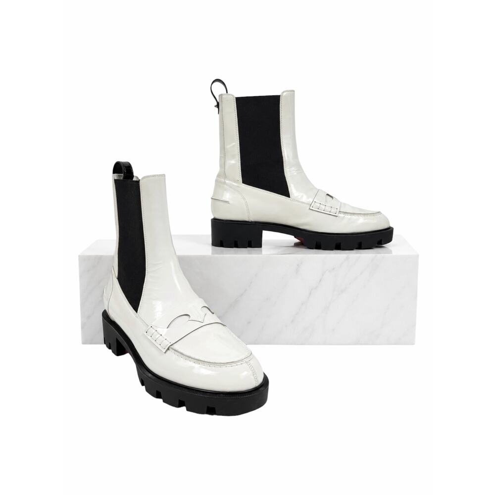 Christian Louboutin Montezu Lug Sole Ankle Boots White Leather Size 39.5